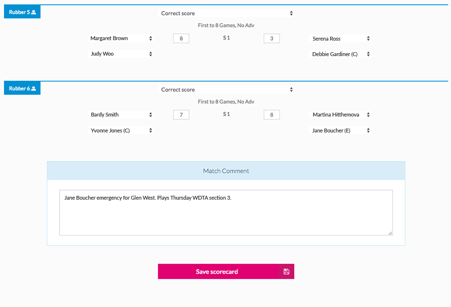 enter scores and match comments