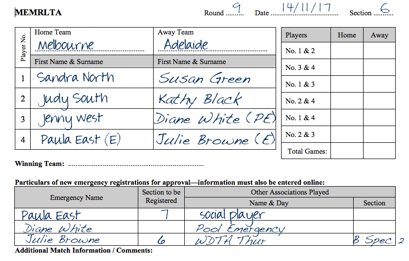 emergency players details entered on score sheet